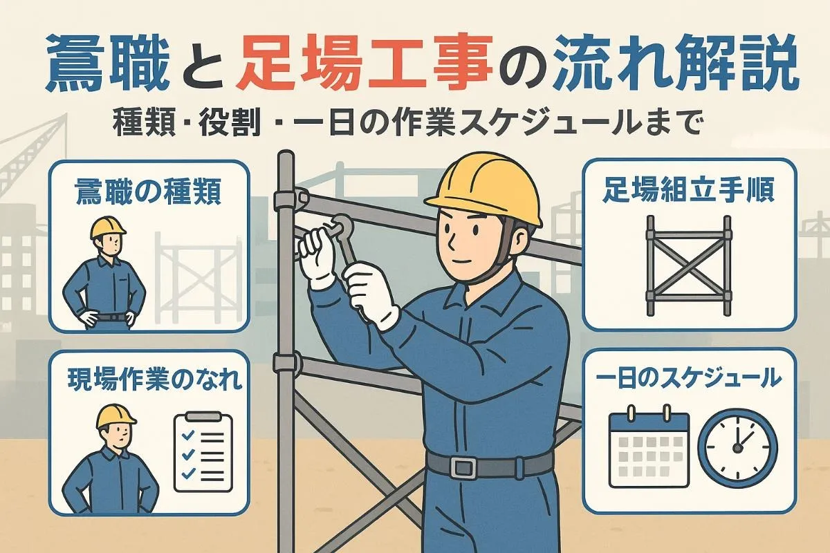 鳶職の種類と足場工事の流れを解説！工事現場での役割から一日のスケジュールまで